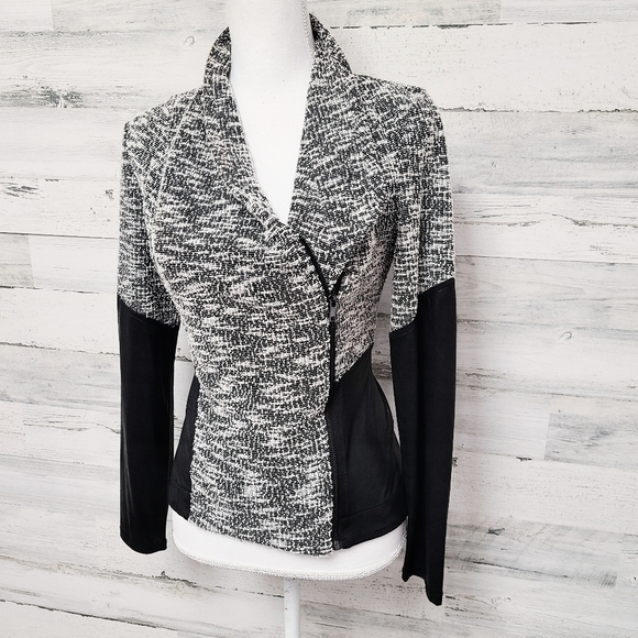 Jessica Simpson Tweed Knit and Faux Leather Lightweight Zip Jacket - Picture 1 of 6